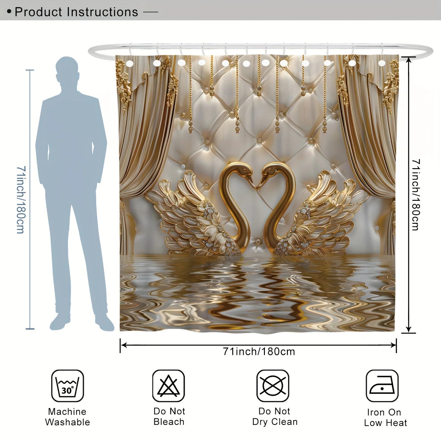 Luxury Gold Swan Bathroom Set 4PCS, Elegant Shower Curtain & Bath Mat Set with 3D Swan Design