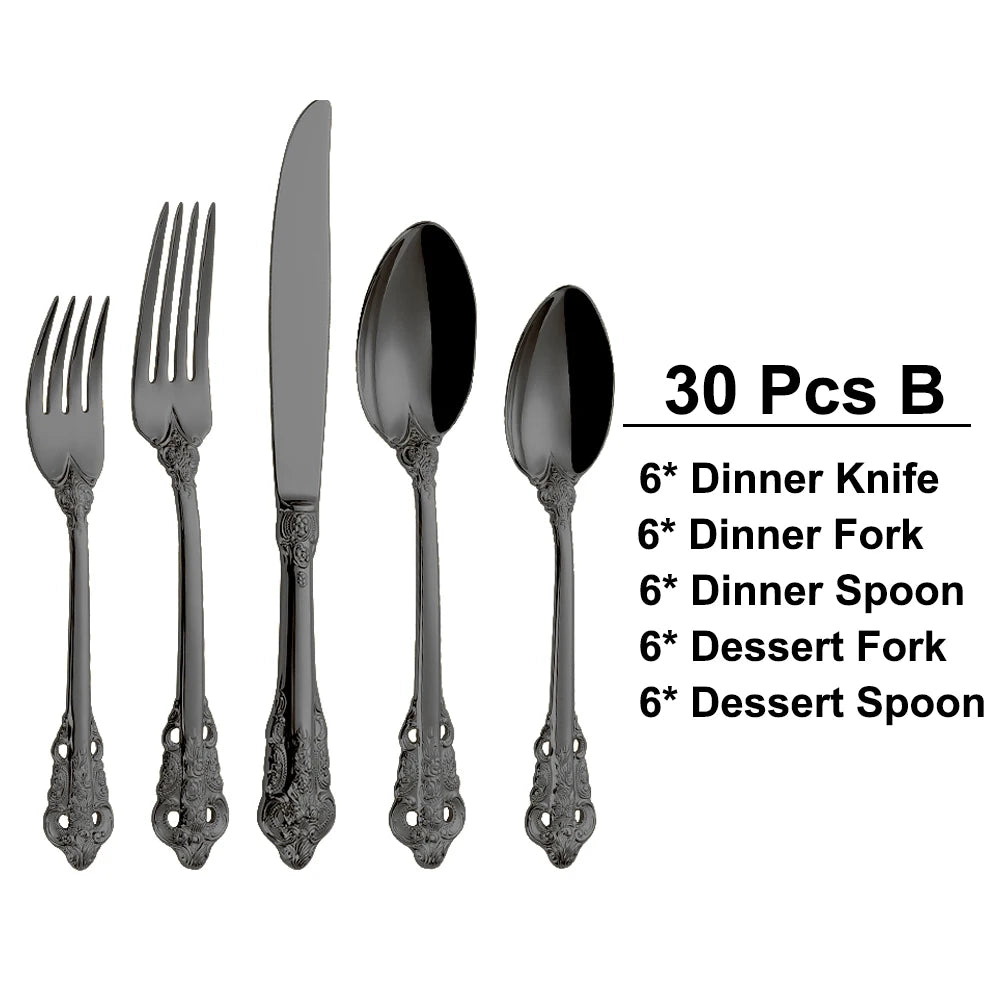 20/30PCS Luxury Gold & Silver Cutlery Set, Vintage Stainless Steel Flatware with Engraved Forks, Spoons & Knives