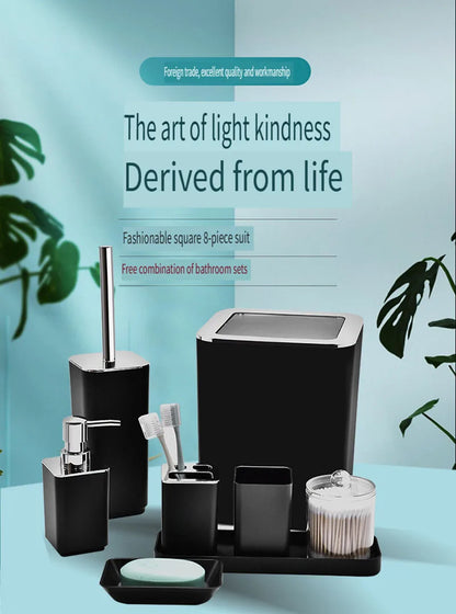 8PCS Bathroom Accessories Set, Plastic Storage Set with Soap Dispenser, Toilet Brush, Trash Can & Toothbrush Holder