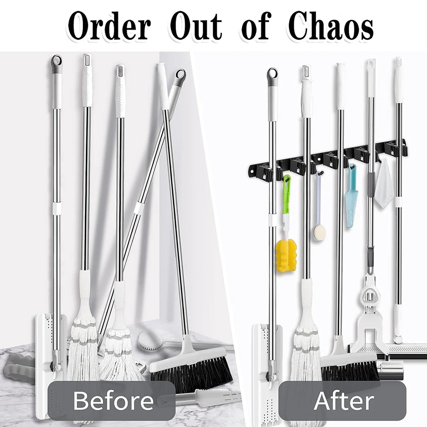 Wall Mount Broom Holder – Stainless Steel Mop & Broom Organizer with 5 Racks and 4 Hooks for Garage & Laundry Room