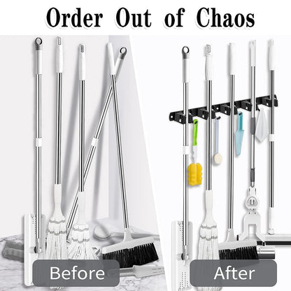 Wall Mount Broom Holder – Stainless Steel Mop & Broom Organizer with 5 Racks and 4 Hooks for Garage & Laundry Room