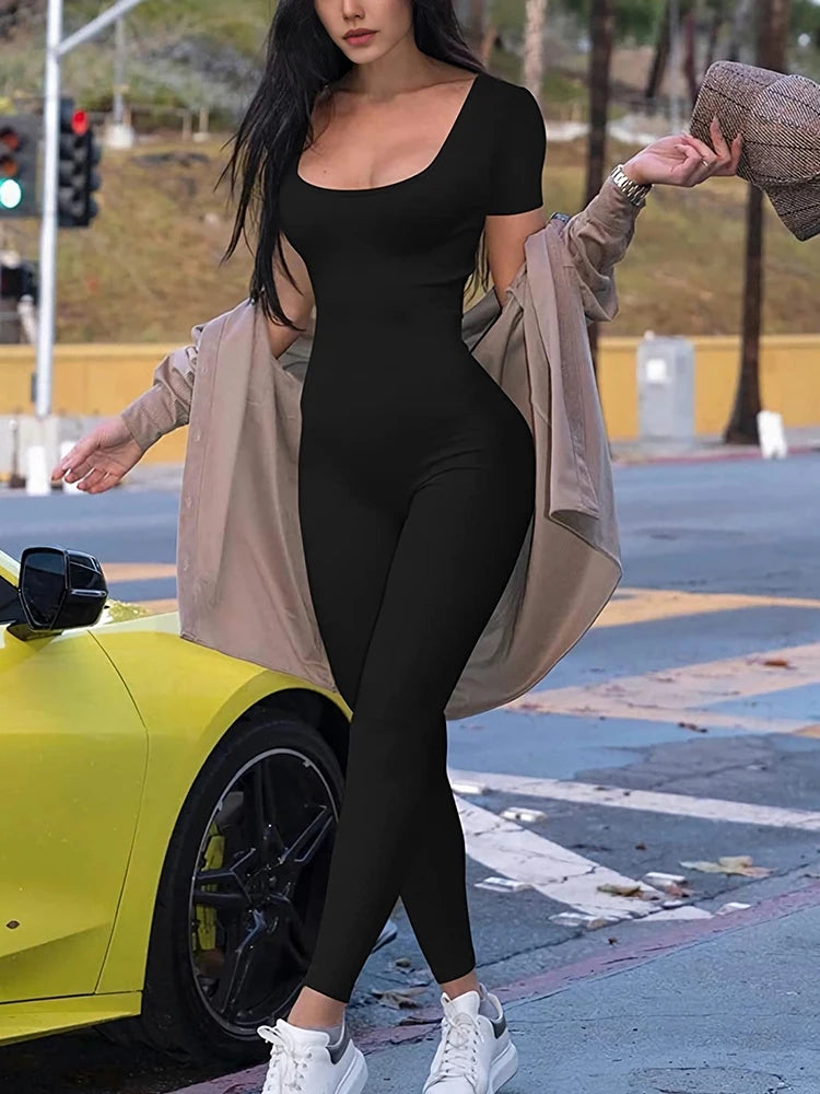 Women’s Short Sleeve Bodycon Romper Jumpsuit, Solid Color Skinny Fit One-Piece Playsuit for Fitness, Casual Wear, and Streetwear
