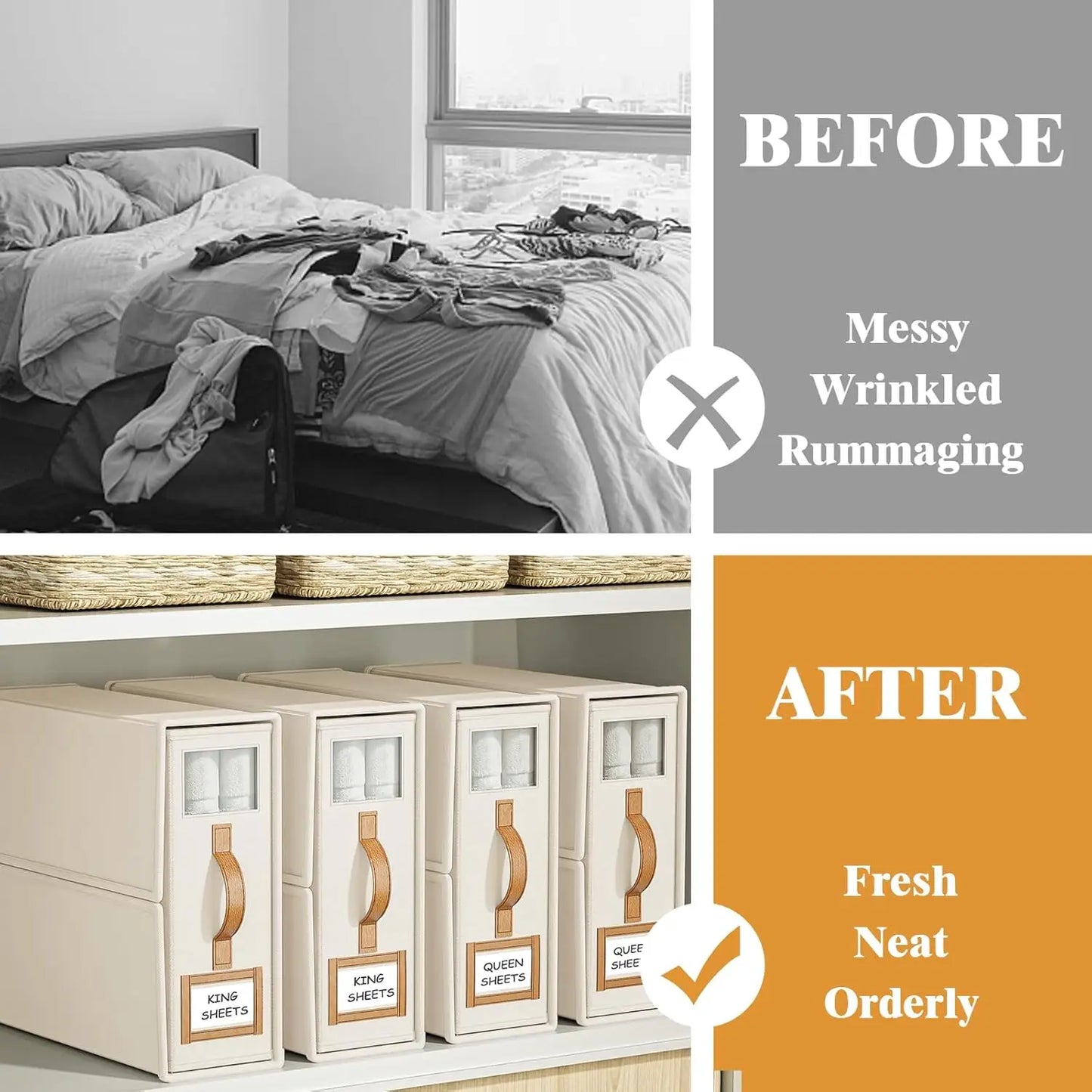 Foldable Bed Sheets Set Organizer, Linen Fabric Closet Storage Box with Window for Bedding & Pillows