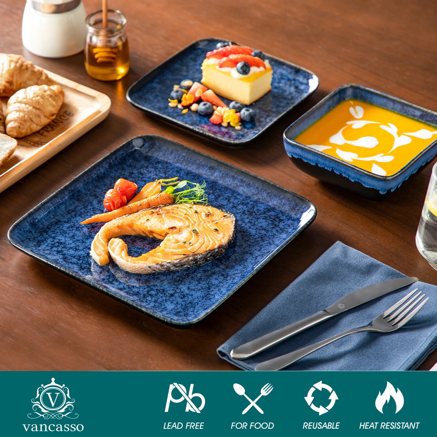 Vancasso Square Blue Ceramic Dinnerware Set, Reactive Glaze Plates & Bowls