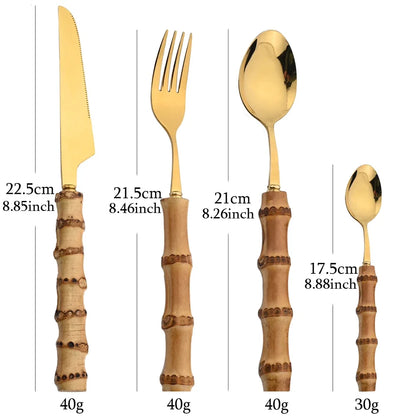 24PCS Bamboo Cutlery Set, Stainless Steel Flatware with Natural Bamboo Handles for Dinner & Steak