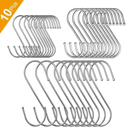 10Pcs Stainless Steel S-Shaped Hooks – Multi-Functional Metal Hanging Hooks for Kitchen & Bathroom