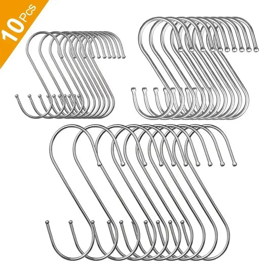 10Pcs Stainless Steel S-Shaped Hooks – Multi-Functional Metal Hanging Hooks for Kitchen & Bathroom