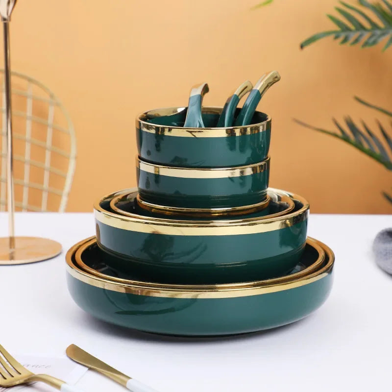 Luxury Green Ceramic Dinnerware Set with Gold Rim, Porcelain Plates & Bowls for Dessert, Salad & Soup