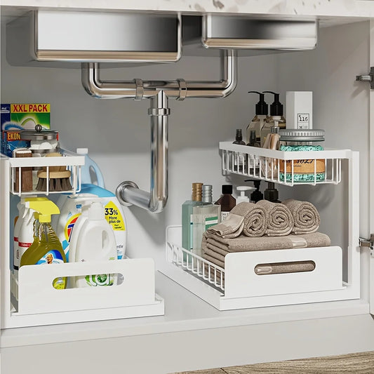 2-Tier Sliding Under Sink Organizer – Rustproof Metal Storage Rack for Kitchen & Bathroom Cabinets