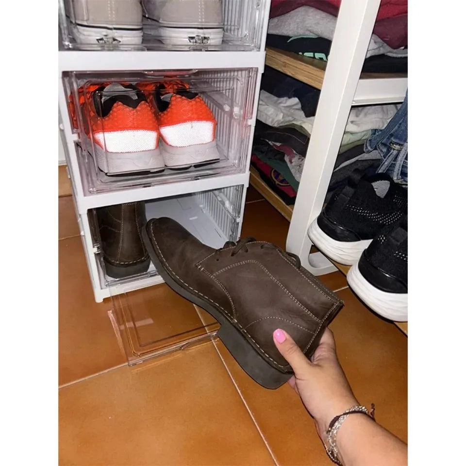 Foldable Shoe Storage Box with Transparent Door, 3/6-Layer Stackable Sneaker Organizer Cabinet