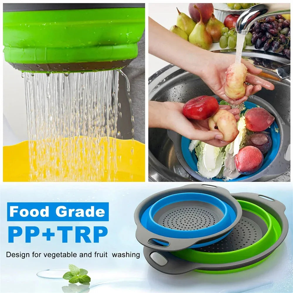 Collapsible Silicone Colander Strainer Basket, Foldable Vegetable and Fruit Washing & Draining Basket Kitchen Gadget