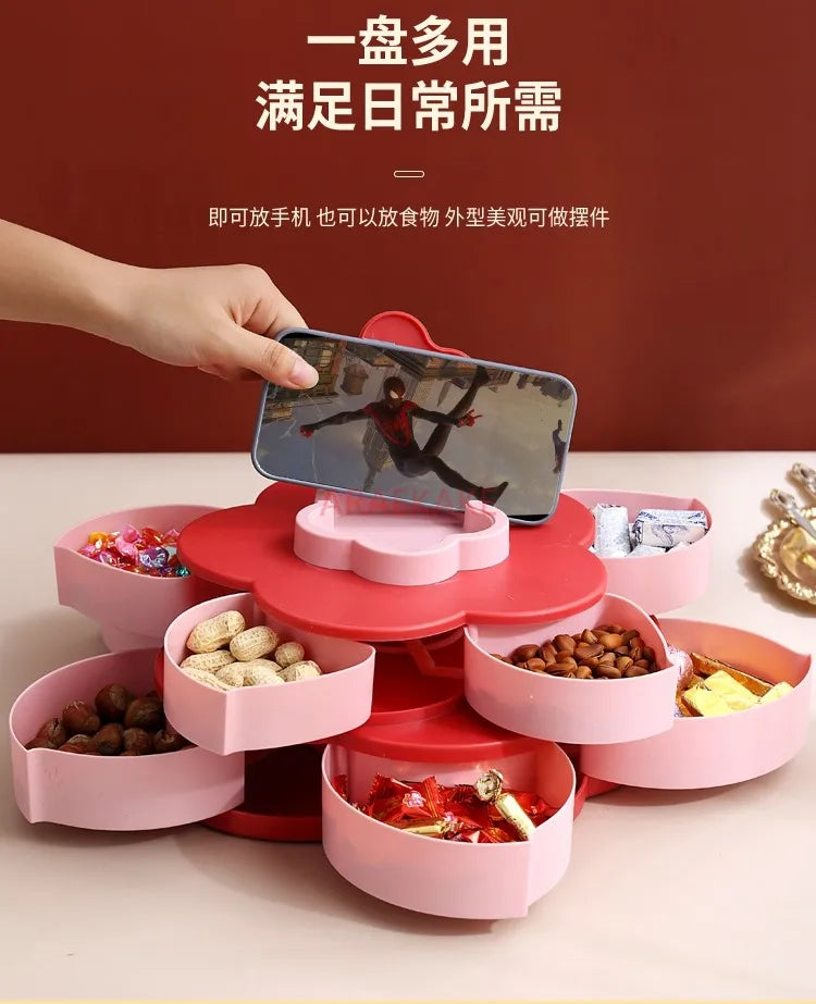 Multi layered petal rotating fruit tray with lid, multifunctional dry fruit and snack storage box for home living room