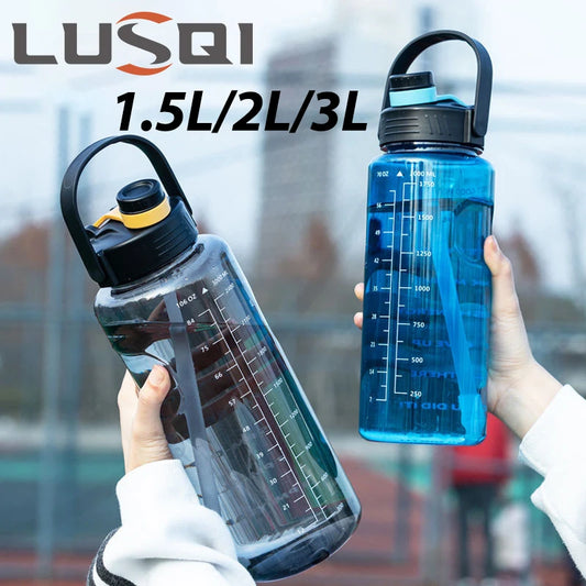 LUSQI Sports Water Bottle – Large Capacity Plastic Leak-Proof Bottle with Straw and Time Marker for Home and Outdoor Sports