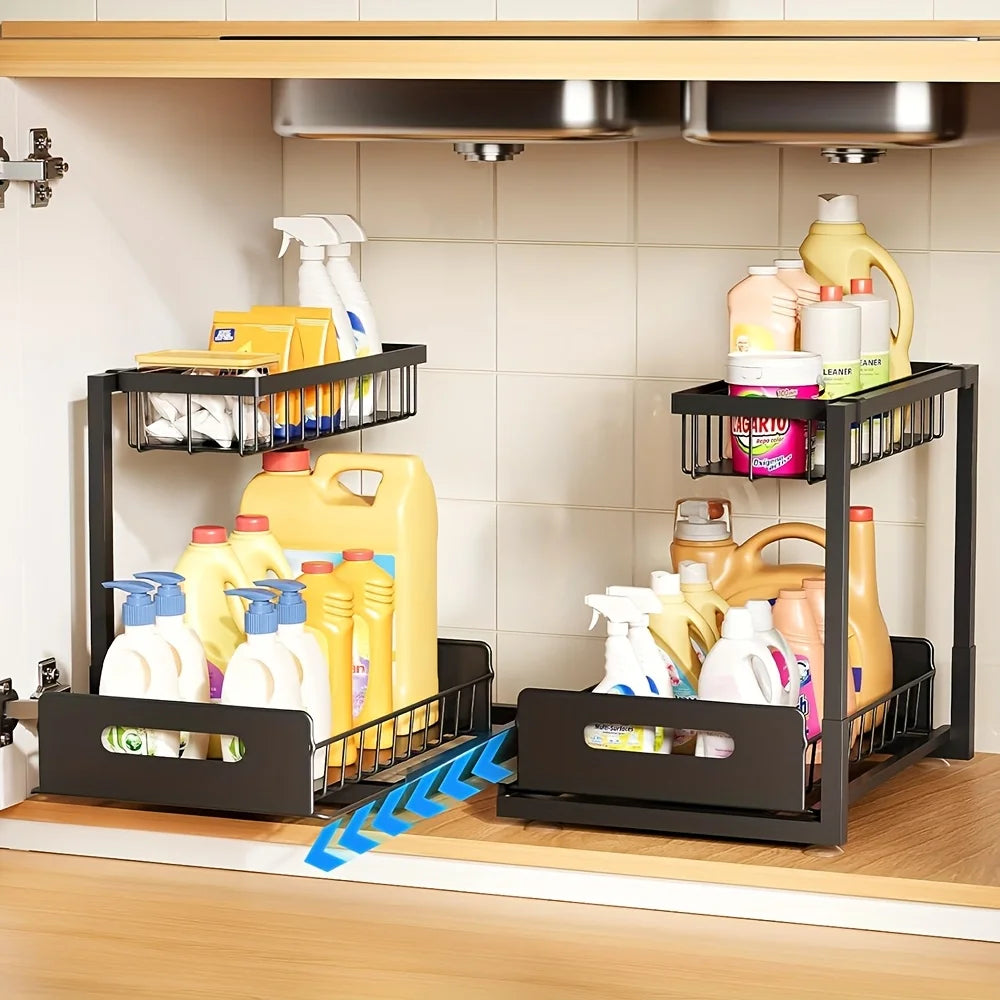 2-Tier Sliding Under Sink Organizer – Rustproof Metal Storage Rack for Kitchen & Bathroom Cabinets