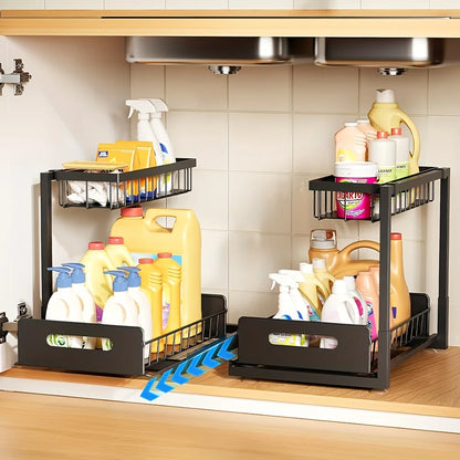 2-Tier Sliding Under Sink Organizer – Rustproof Metal Storage Rack for Kitchen & Bathroom Cabinets