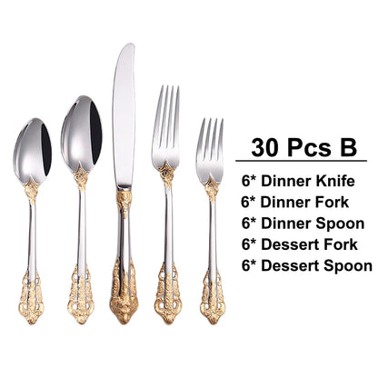 20/30PCS Luxury Gold & Silver Cutlery Set, Vintage Stainless Steel Flatware with Engraved Forks, Spoons & Knives