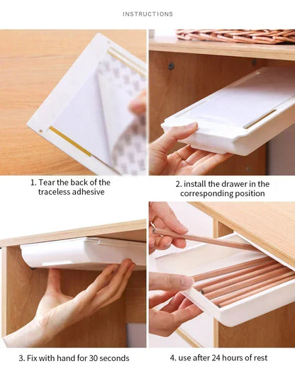 Adhesive Under Desk Drawer Organizer Hidden Table Storage Box Slide Out Tray Simple Sundries Cosmetics Stationery Organizer