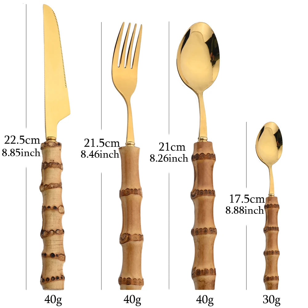 24PCS Bamboo Cutlery Set, Stainless Steel Flatware with Natural Bamboo Handles for Dinner & Steak