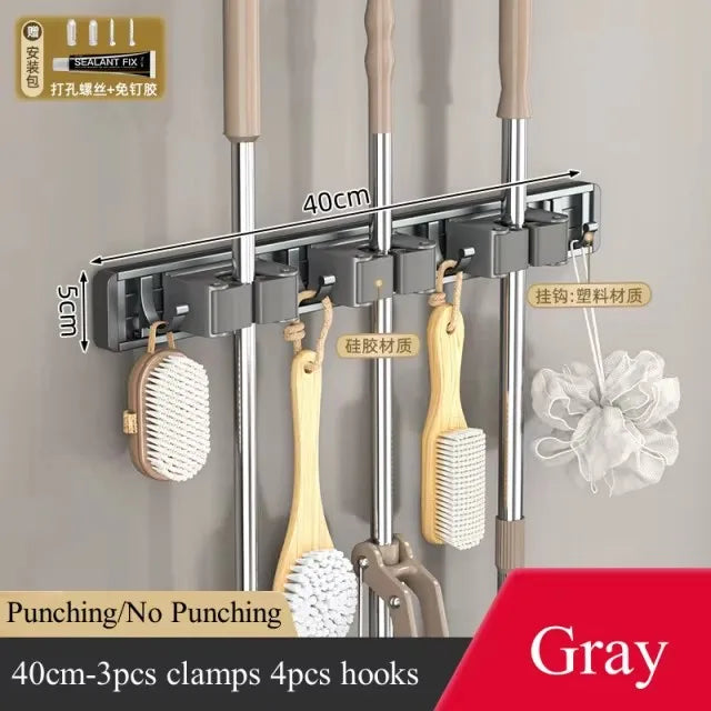 Aluminum Mop Holder Wall Mounted – Adjustable Broom & Mop Organizer Rack with Hooks and Strong Adhesive
