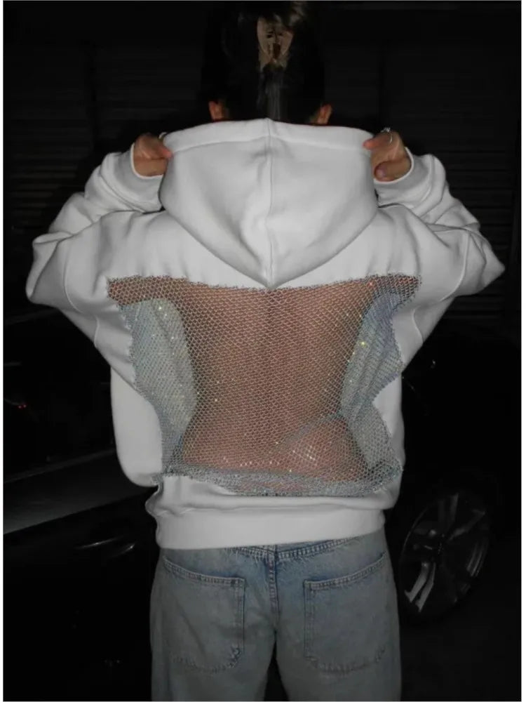 Streetwear Fashion Hoodie Woman's Sexy Solid See Through Backless Sweatshirt Autumn Winter Ladies Lace Splicing Fleece Pullover