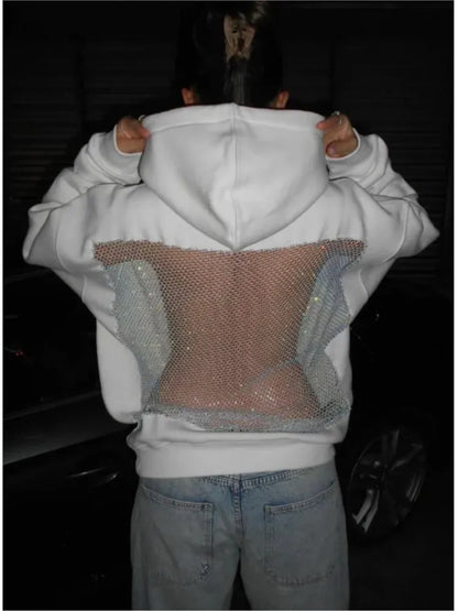 Streetwear Fashion Hoodie Woman's Sexy Solid See Through Backless Sweatshirt Autumn Winter Ladies Lace Splicing Fleece Pullover