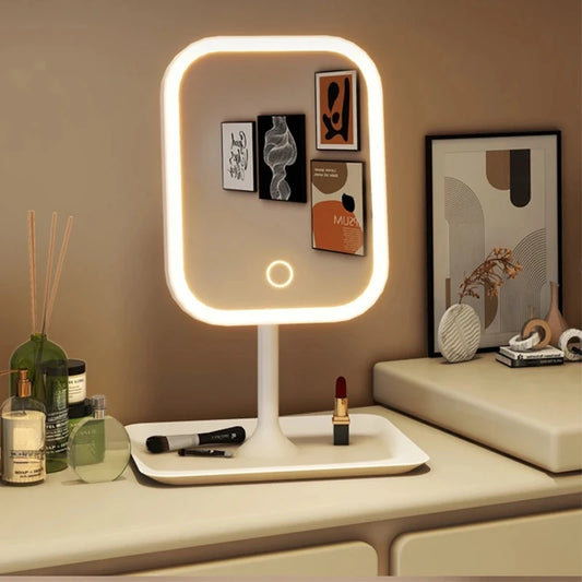LED Makeup Vanity Mirror with Touch Control, Three Color Light Modes, Illuminated Desktop Dressing Mirror for Bedroom and Beauty Desk