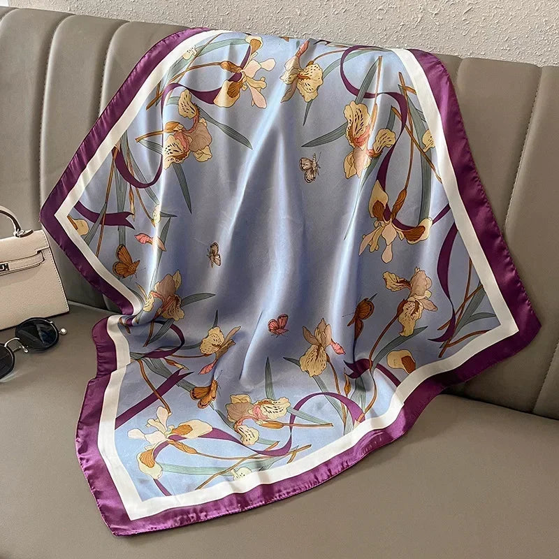 Luxury Printed Silk-Style Square Scarf for Women, Soft Satin Neckerchief Headband and Hair Ribbon, Fashion Hijab and Bag Accessory for Office and Daily Wear