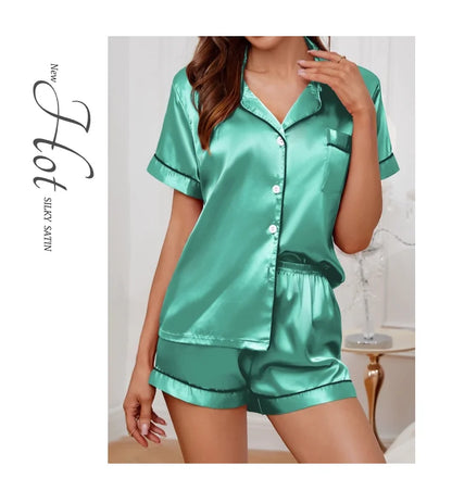 Women’s Satin Pajama Set Button-Down Sleepwear with Short Sleeve Top and Shorts, 2-Piece Summer Loungewear Nightwear Set