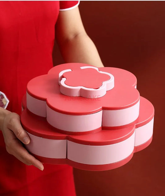 Multi layered petal rotating fruit tray with lid, multifunctional dry fruit and snack storage box for home living room