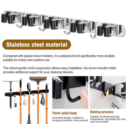 Wall Mount Broom Holder – Stainless Steel Mop & Broom Organizer with 5 Racks and 4 Hooks for Garage & Laundry Room