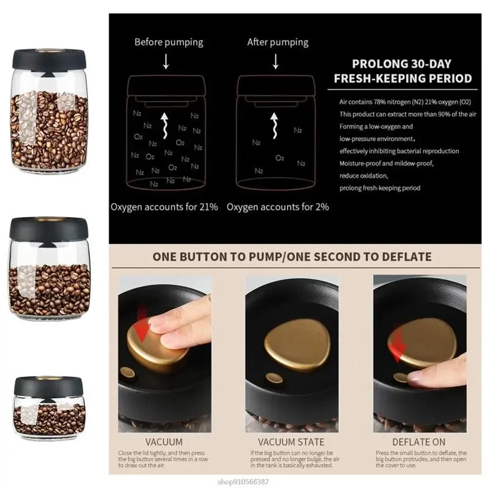 Coffee Beans Vacuum Sealed Tank – Transparent Glass Airtight Food Storage Jar with Air Extraction