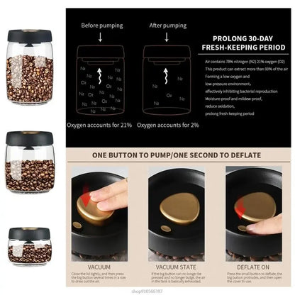 Coffee Beans Vacuum Sealed Tank – Transparent Glass Airtight Food Storage Jar with Air Extraction