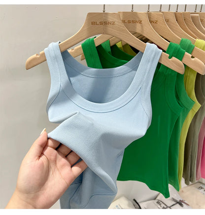 Women’s Ribbed Cotton Tank Top Solid Color Round Neck Camisole, High Stretch Summer Basic O-Neck Sleeveless Casual Top