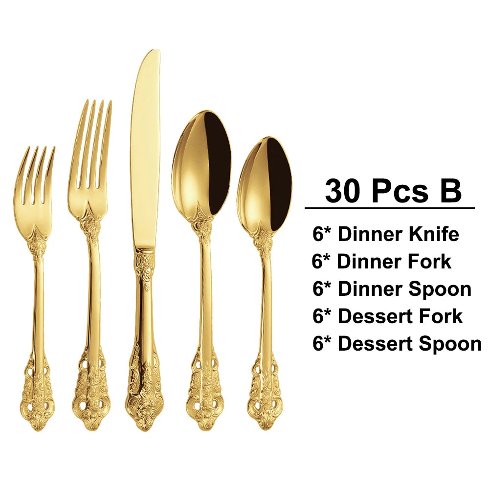 20/30PCS Luxury Gold & Silver Cutlery Set, Vintage Stainless Steel Flatware with Engraved Forks, Spoons & Knives