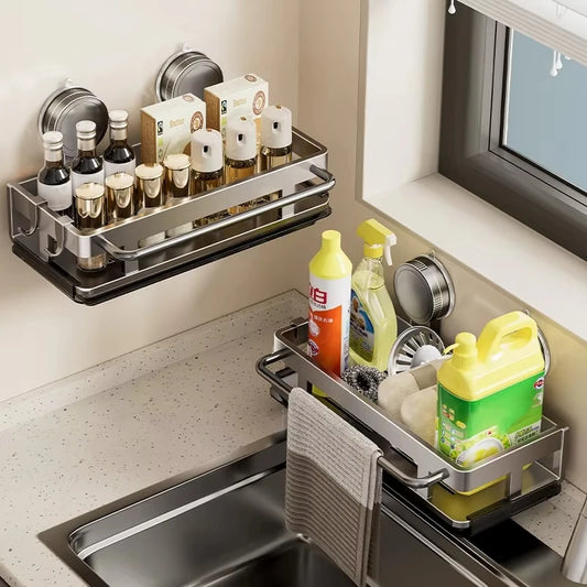 Suction Cup Wall-Mounted Kitchen Sink Storage Rack – Punch-Free Rag & Sponge Draining Organizer