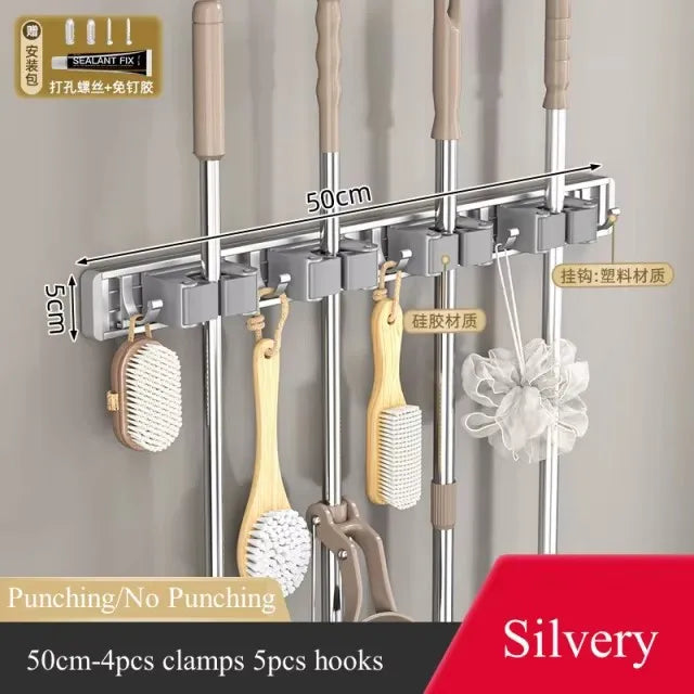 Aluminum Mop Holder Wall Mounted – Adjustable Broom & Mop Organizer Rack with Hooks and Strong Adhesive