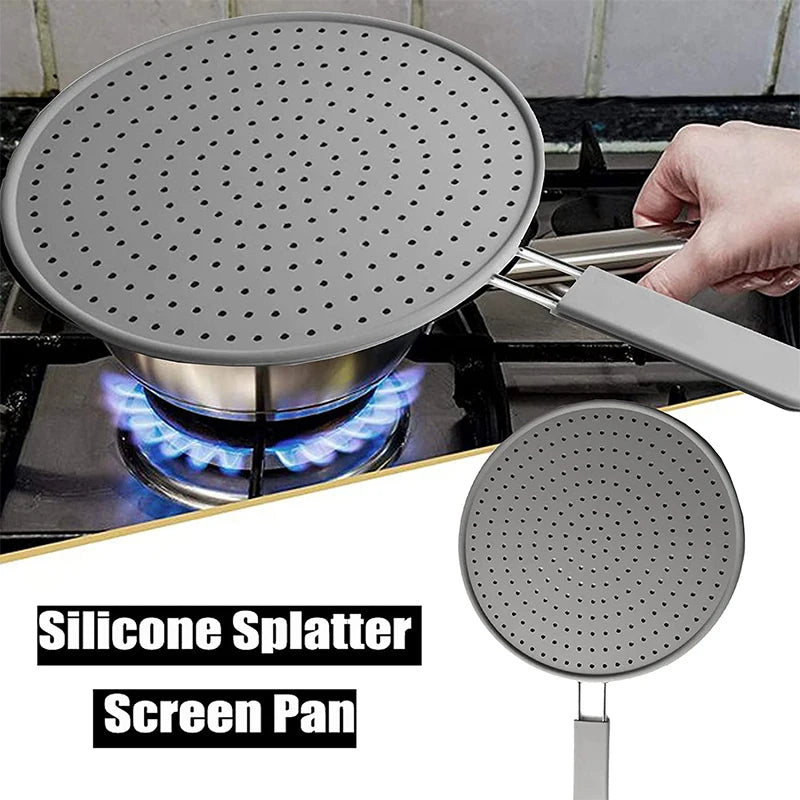 Silicone Kitchen Splatter Screen with Handle – Heat-Resistant Oil Splash Guard Frying Pan Lid Drain Board Cover