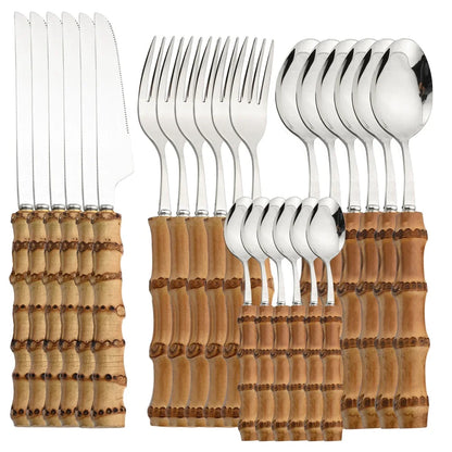 24PCS Bamboo Cutlery Set, Stainless Steel Flatware with Natural Bamboo Handles for Dinner & Steak