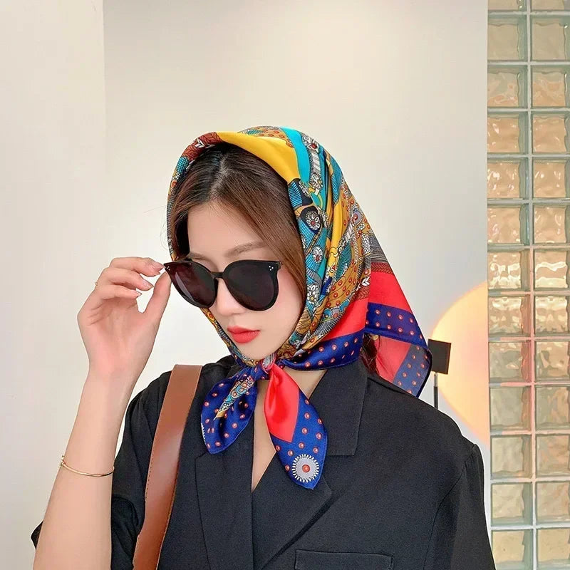 Luxury Printed Silk-Style Square Scarf for Women, Soft Satin Neckerchief Headband and Hair Ribbon, Fashion Hijab and Bag Accessory for Office and Daily Wear