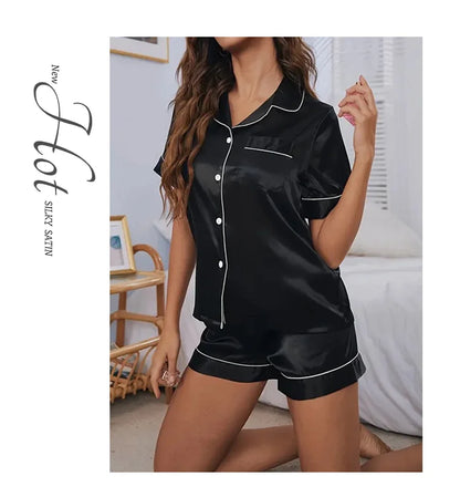 Women’s Satin Pajama Set Button-Down Sleepwear with Short Sleeve Top and Shorts, 2-Piece Summer Loungewear Nightwear Set