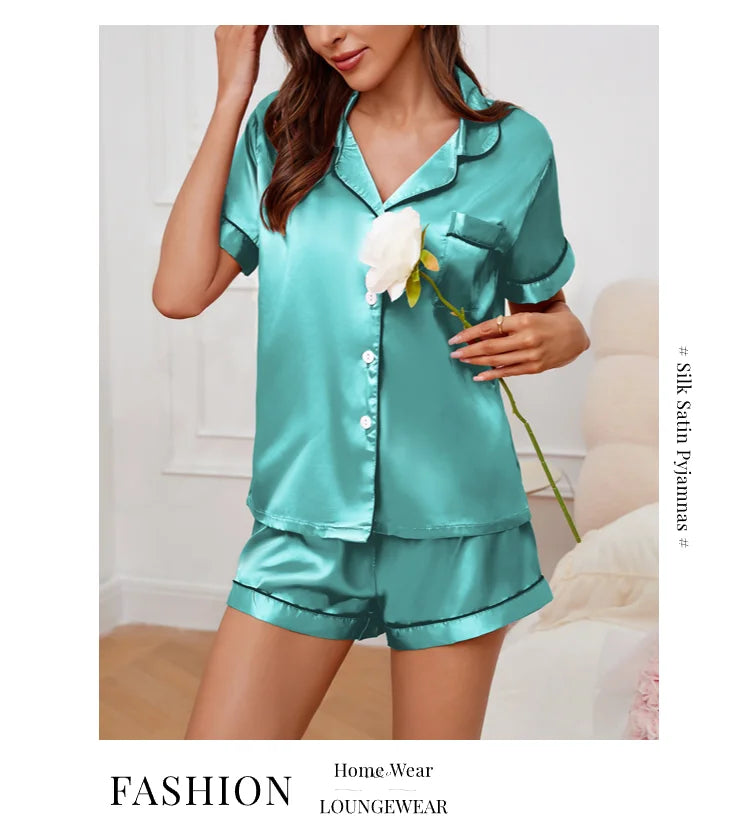 Women’s Satin Pajama Set Button-Down Sleepwear with Short Sleeve Top and Shorts, 2-Piece Summer Loungewear Nightwear Set