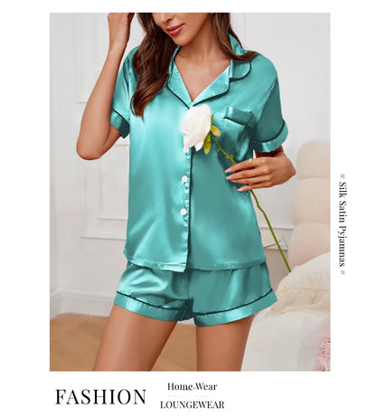 Women’s Satin Pajama Set Button-Down Sleepwear with Short Sleeve Top and Shorts, 2-Piece Summer Loungewear Nightwear Set