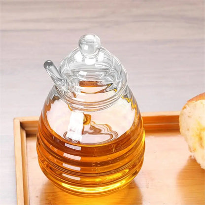 Transparent Honey Pot with Dipper and Lid – Honeycomb Design Honey Tank Kitchen Honey Bottle