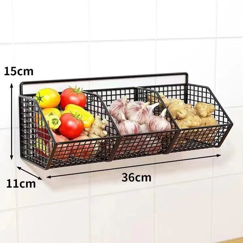 Wall-Mounted Kitchen Storage Basket – Durable Wire Rack for Vegetables & Fruits Home Organizer