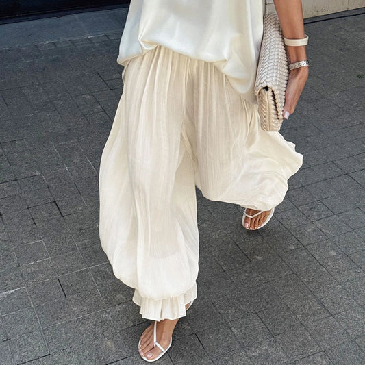 Women’s Apricot Loose Bloomers Pants with Elastic Waist, Sheer Flare Long Trousers, Elegant Autumn Streetwear Casual Wide-Leg Pants