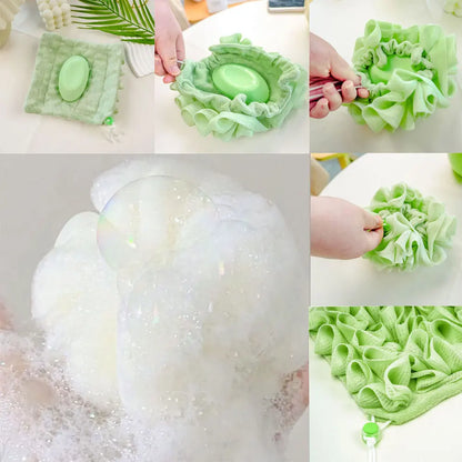 Soft Exfoliating 2-In-1 Bath Loofah – Bath Ball Towel with Drawstring Soap Closure Reusable Mesh Shower Sponge