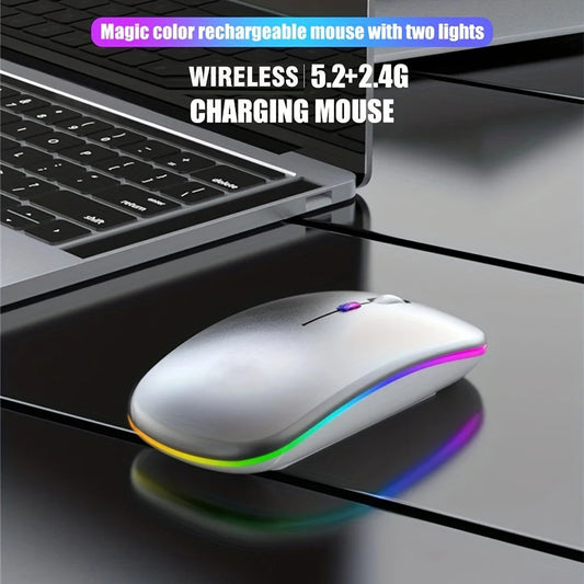 Rechargeable Wireless Mouse with Bluetooth & 2.4GHz Dual Mode, Silent Click Ergonomic RGB Mouse, 1600 DPI Adjustable for PC, Laptop, iPad, Android, TV