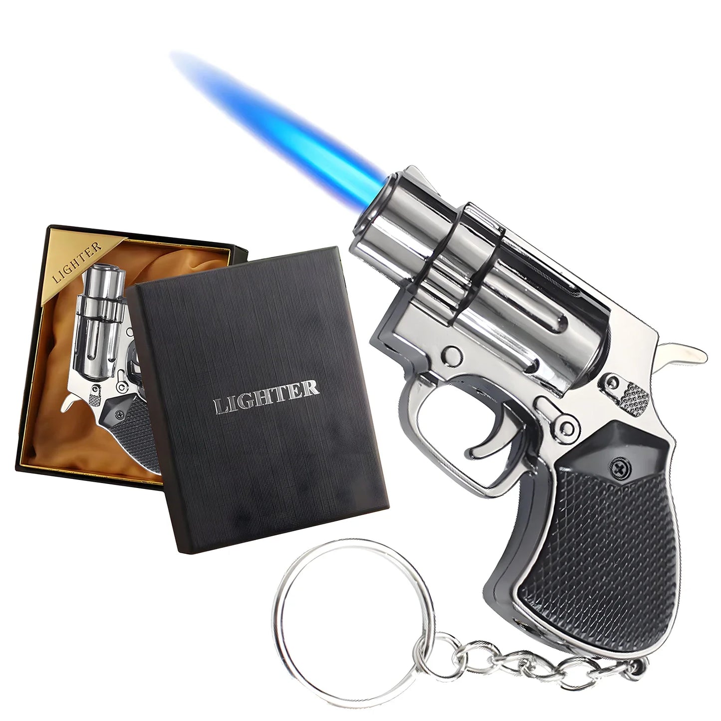 Cool Gun Shape Jet Flame Torch Lighter Adjustable Flame Windproof Refillable Butane for Cigar Gifts Outdoor (Without Butane Gas)