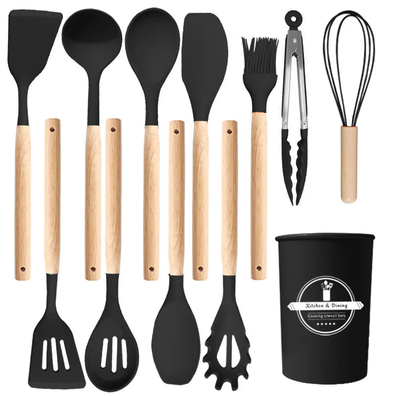 12-Piece Silicone Kitchen Utensil Set with Storage Block, Non-Scratch Cooking Tools & Spatulas
