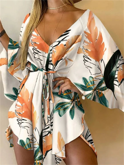 Women’s Floral Print Mini Dress with V-Neck and Batwing Sleeves, Bohemian Loose Fit Summer Beach Sundress Casual Vacation Dress
